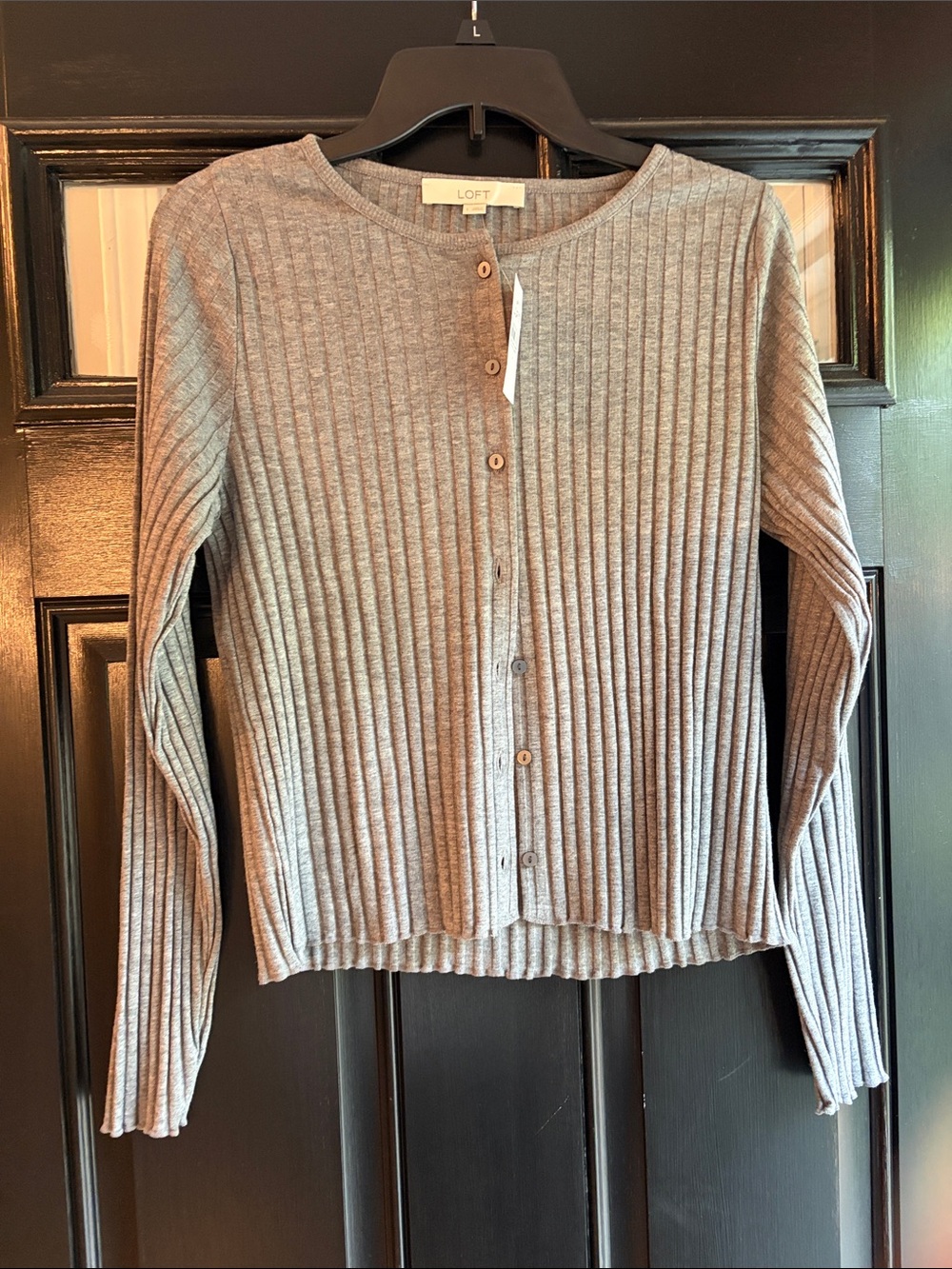 LOFT Gray Ribbed Button-Front Cardigan
